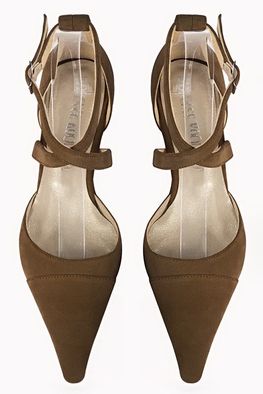 Chocolate brown women's open side shoes, with crossed straps. Pointed toe. Low flare heels. Top view - Florence KOOIJMAN